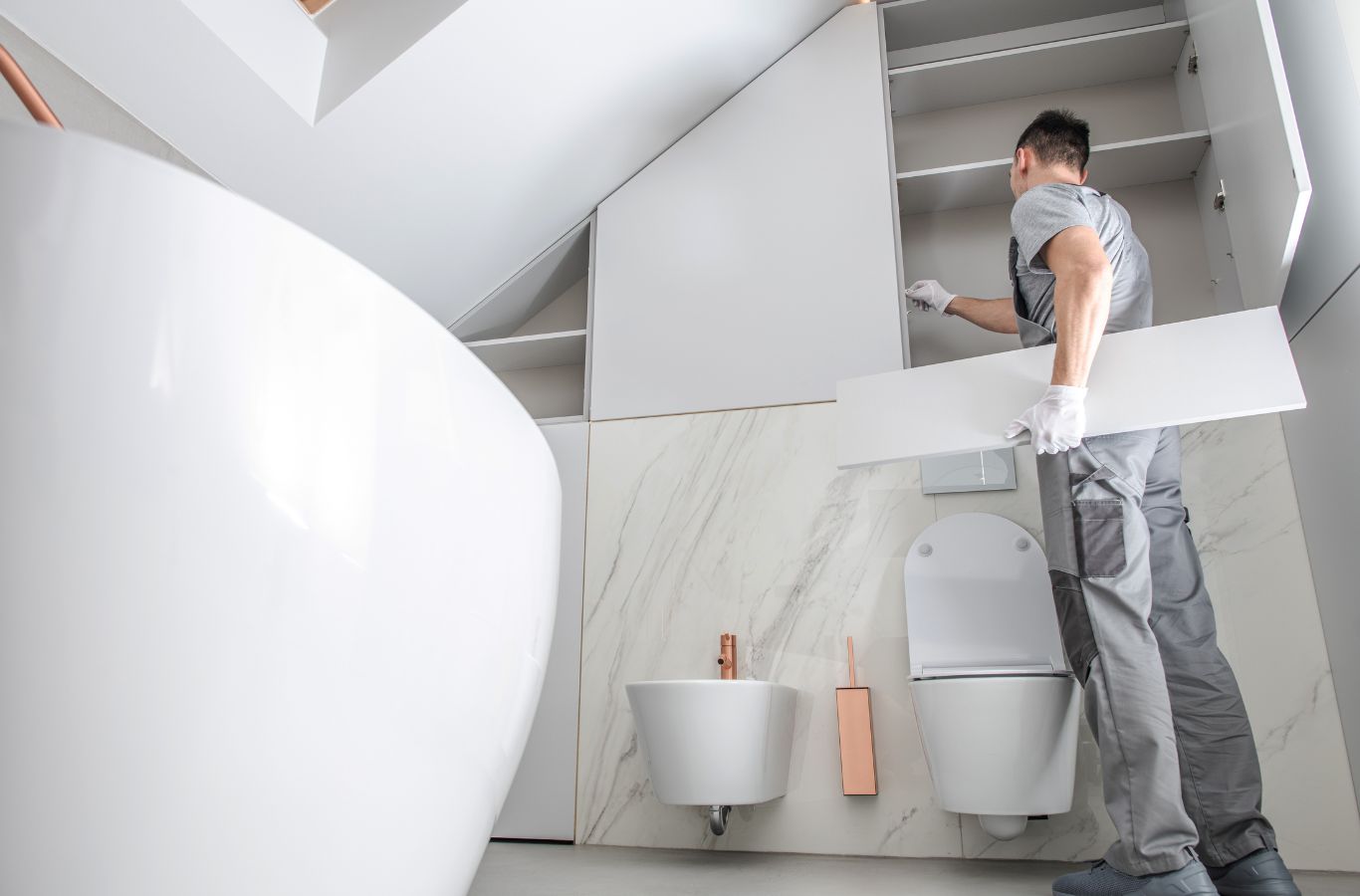 A NEW DAY Construction specialist working on bathroom remodeling in Lake Stevens, WA displaying our dedication to quality and trusted service. Bathroom Remodeling near me.