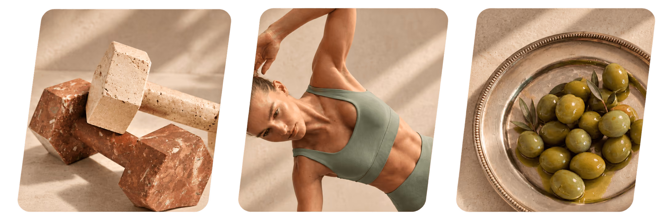 Woman stretching, woman in meditation pose on a yoga mat, and a glass of water on a sofa
