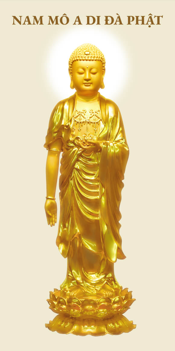 Amitabha Buddha Pure Land School, Gold on Yellow Background - High Quality Large Size Buddha Image