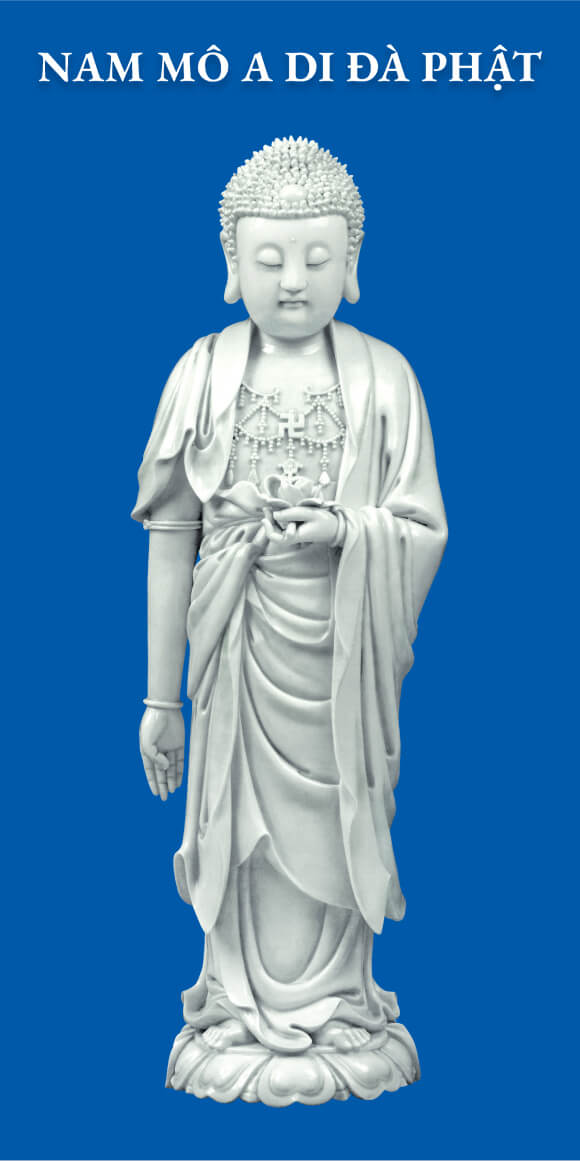 Amitabha Buddha Pure Land School, White Jade on Blue Background - High Quality Large Size Buddha Image