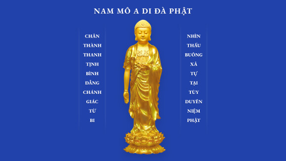 Amitabha Buddha Pure Land School, Gold on Blue Background, Buddha's Name and Venerable Master Chin Kung's 20-Character Lifetime Realization, High Quality Large Horizontal Image