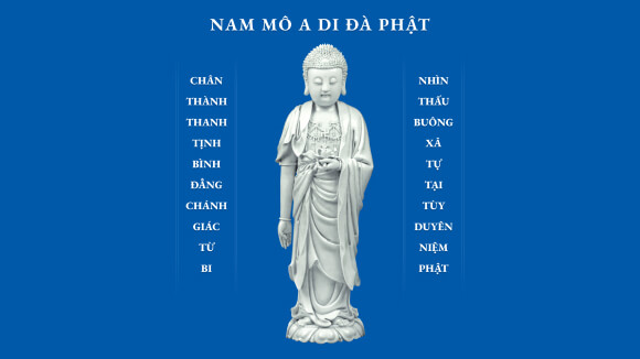 Amitabha Buddha Pure Land School, White Jade on Blue Background, Buddha's Name and Venerable Master Chin Kung's 20-Character Lifetime Realization, High Quality Large Horizontal Image