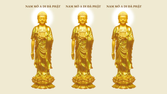 Western Three Saints, Gold on Yellow Background, AMTB Pure Land Learning Association