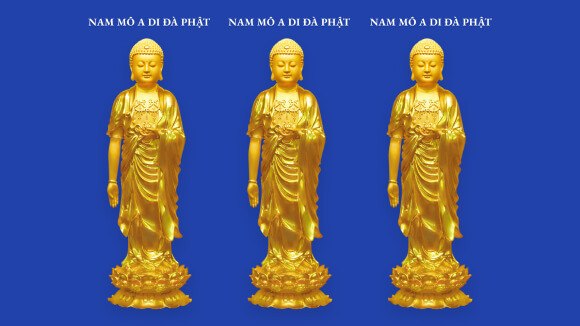 Western Three Saints, Gold on Blue Background, AMTB Pure Land Learning Association