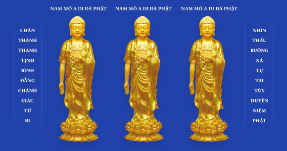 Western Three Saints, Gold on Blue Background, AMTB, Venerable Master Chin Kung's 20-Character Realization Summary: Sincerity, Purity, Equality, Proper Understanding, Compassion; See Through, Let Go, Freedom, Accord with Conditions, Mindfulness of Buddha