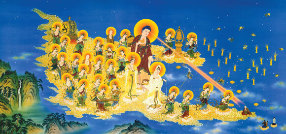 Amitabha Buddha and Bodhisattvas Welcoming Beings to the Western Pure Land of Ultimate Bliss, Amitabha Buddha, Avalokitesvara, Mahasthamaprapta, 48 Great Vows, Rebirth in the Western Pure Land