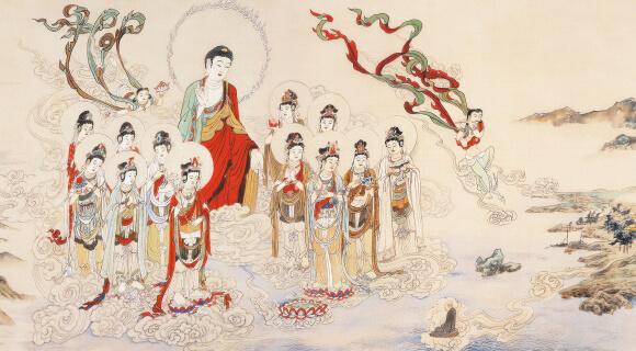 Amitabha Buddha and Bodhisattvas Welcoming Beings to the Western Pure Land of Ultimate Bliss, Amitabha Buddha, Avalokitesvara, Mahasthamaprapta, 48 Great Vows, Rebirth in the Western Pure Land