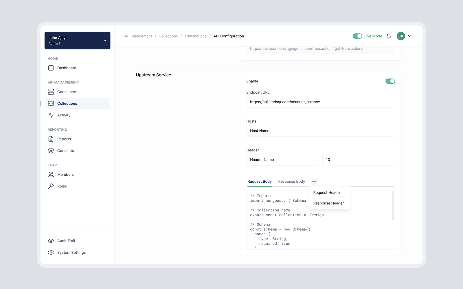 API Configuration screen showing Upstream Service settings with endpoint URL, hosts, headers, and request body code snippet in a web app dashboard for user John Ajayi.