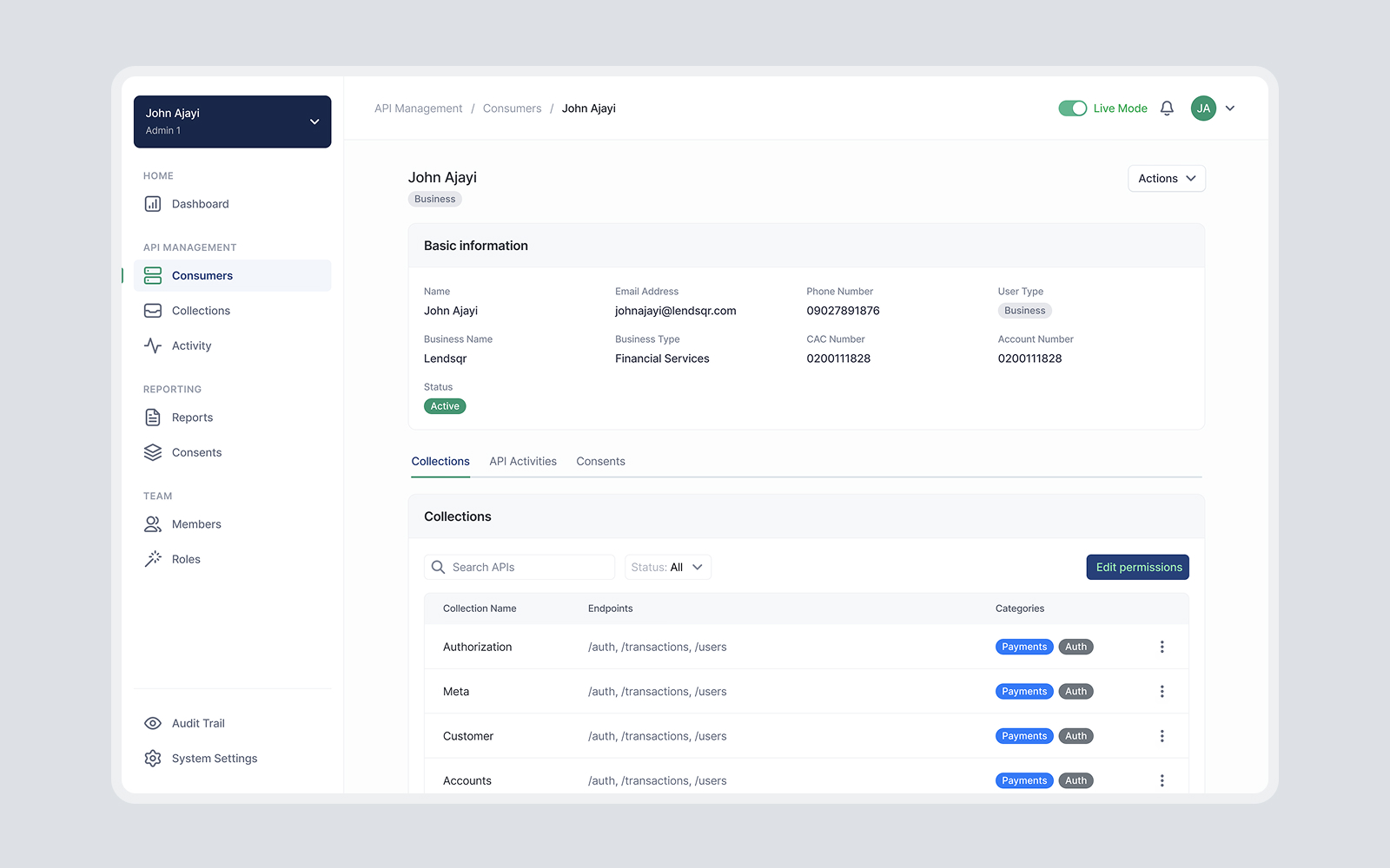 Dashboard interface showing John Ajayi's business profile with basic information and API collections including Authorization, Meta, Customer, and Accounts listings.