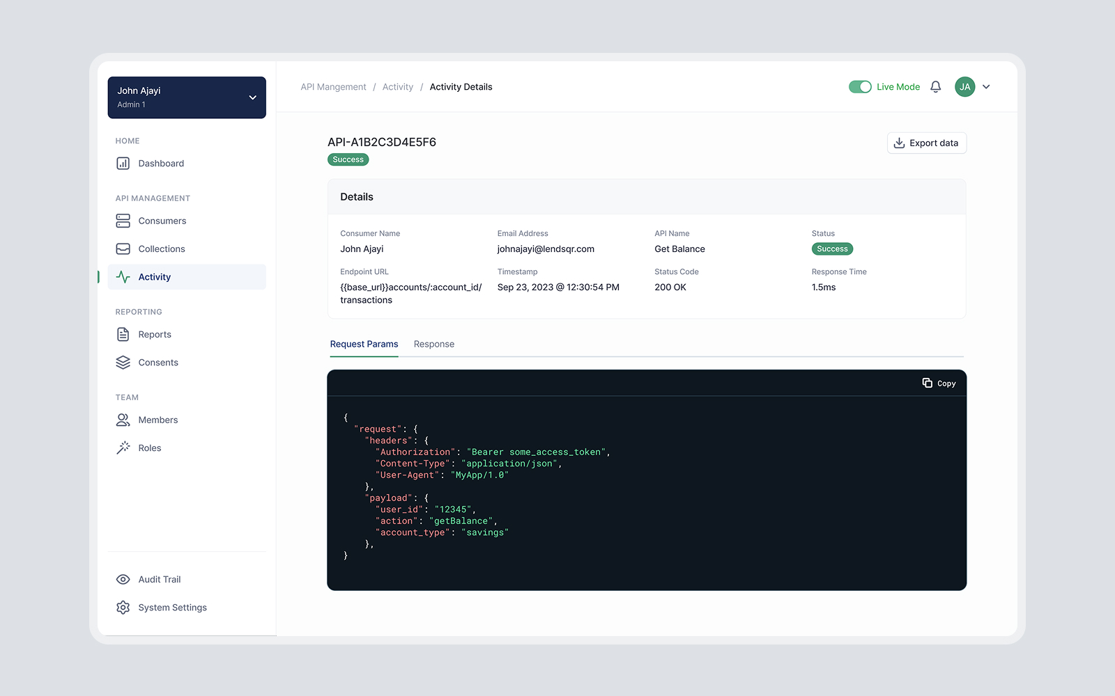 API management dashboard showing activity details for user John Ajayi with a successful Get Balance API call including request headers and payload in JSON format.