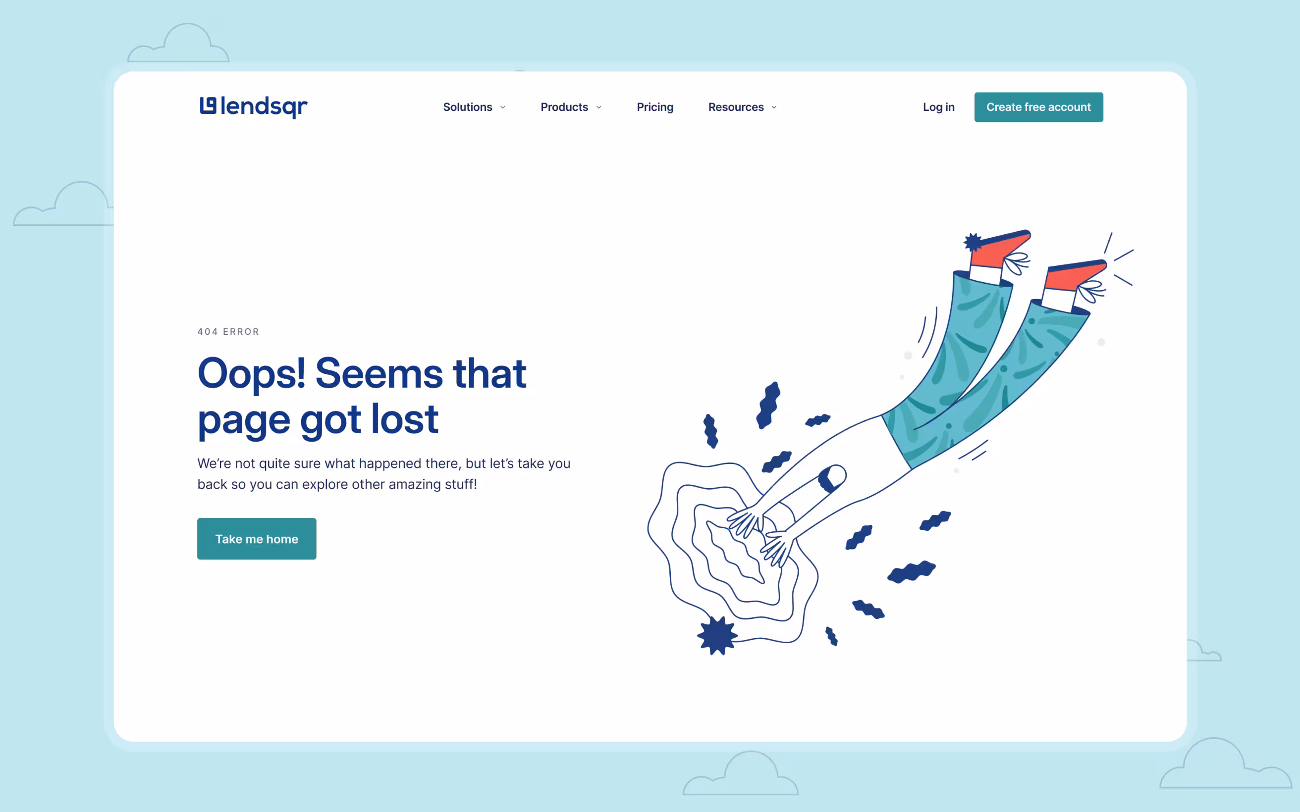 Website 404 error page with text 'Oops! Seems that page got lost' and illustration of person diving into an abstract hole.