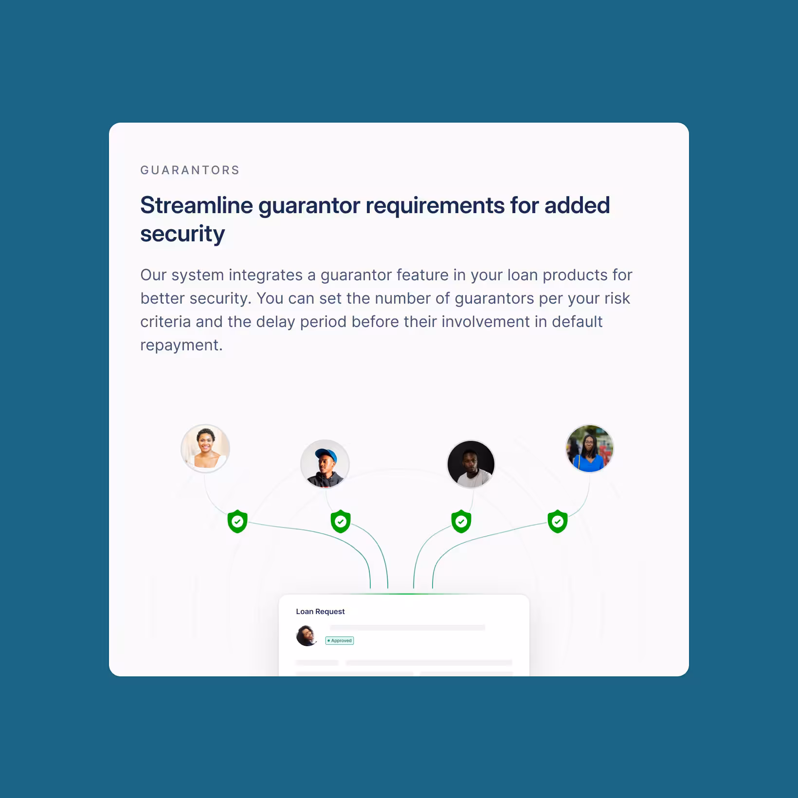 Interface showing a loan system that integrates guarantor features, with headshot icons of four guarantors connected to a loan request marked approved.