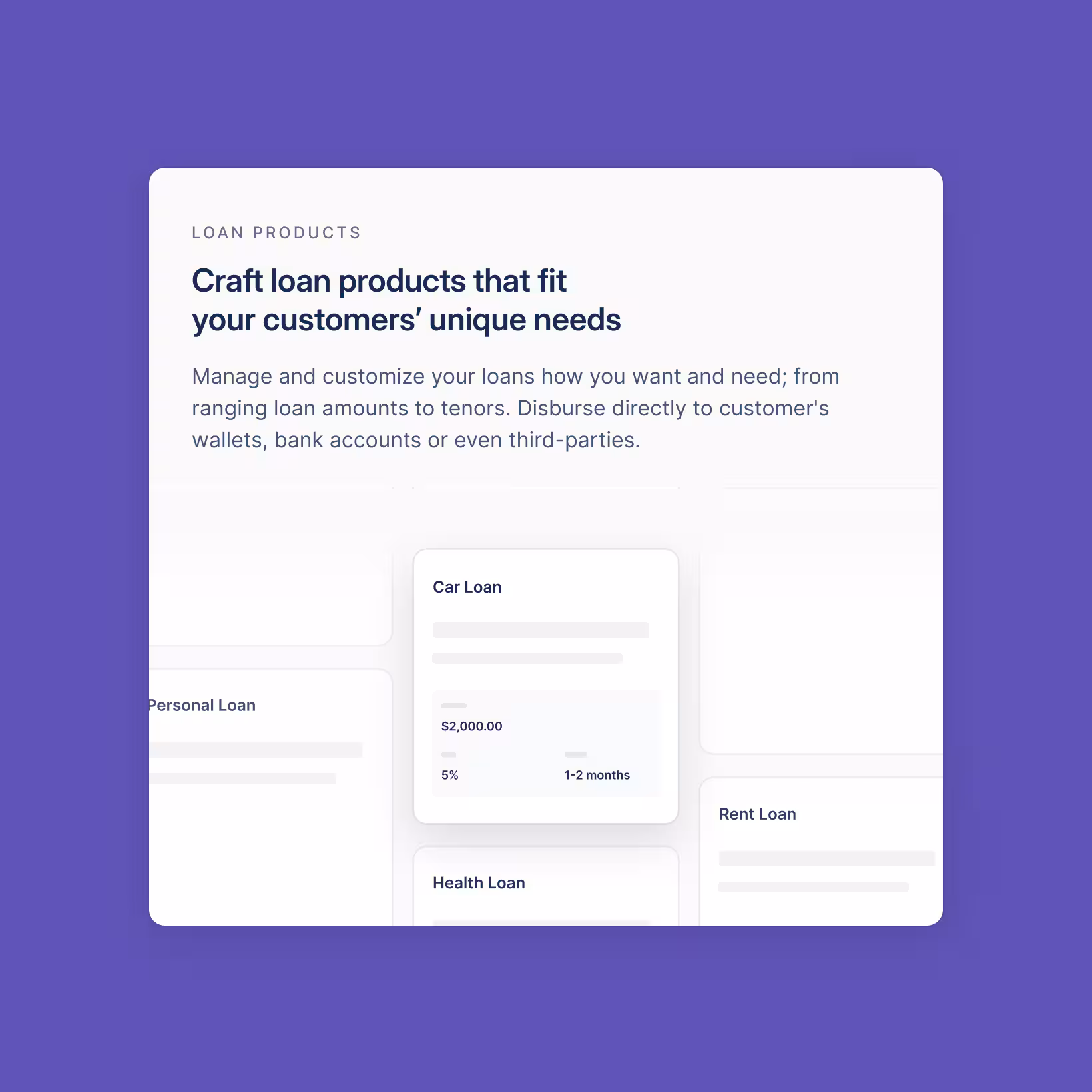 Interface showing loan product options including Car Loan, Personal Loan, Health Loan, and Rent Loan with customization details.