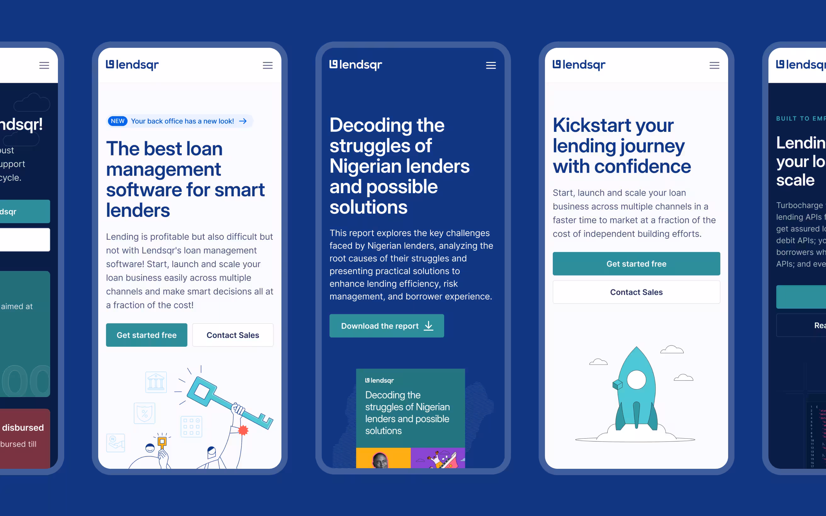 Mobile screens showcasing Lendsqr loan management software features including smart lending, Nigerian lenders' challenges report, and loan business startup guidance.
