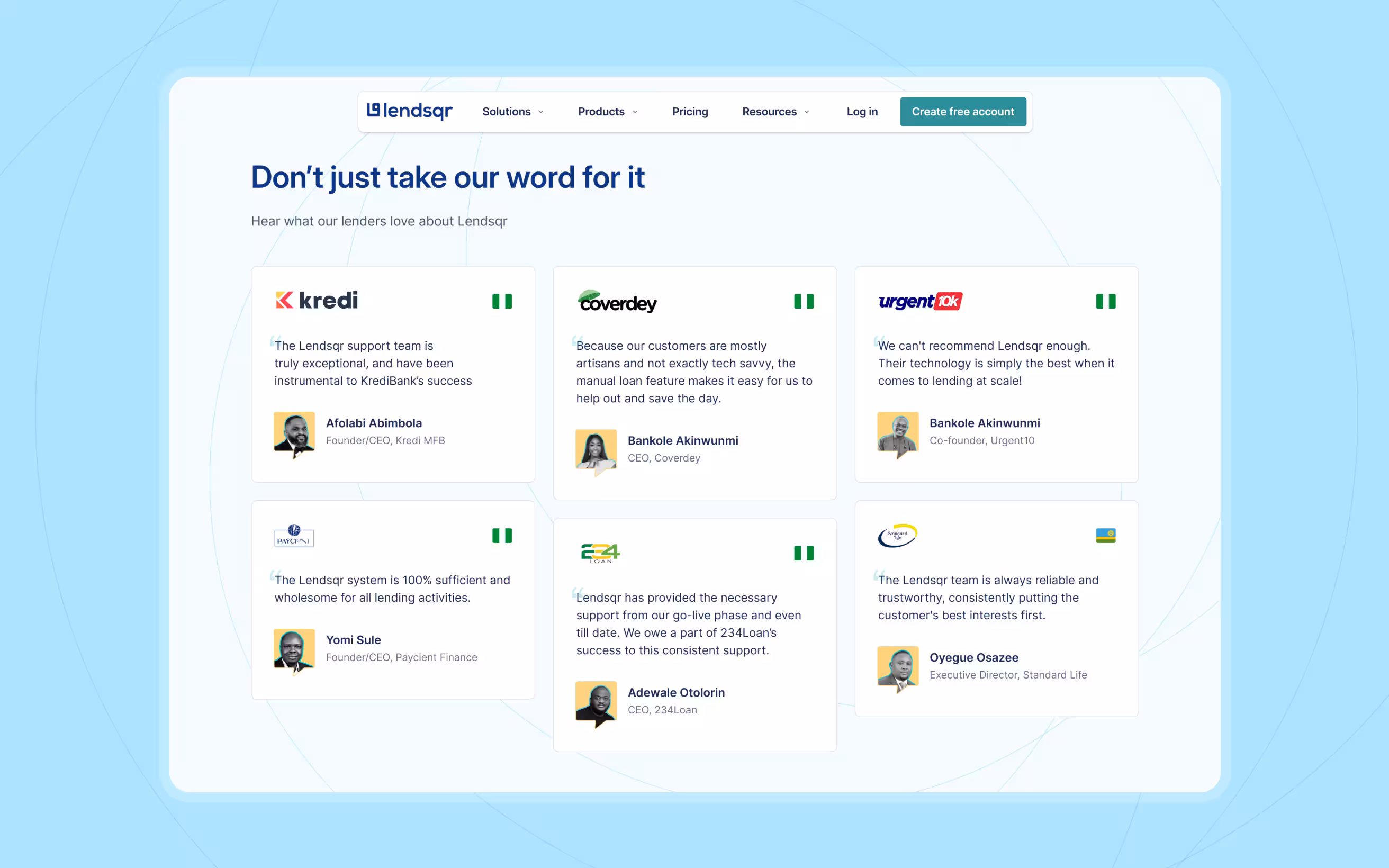 Lendsqr testimonial section showing six client quotes praising Lendsqr’s support and technology, featuring logos, photos, and names of founders and executives from Kredi, Coverdey, Urgent10k, Paycient Finance, 234Loan, and Standard Life.