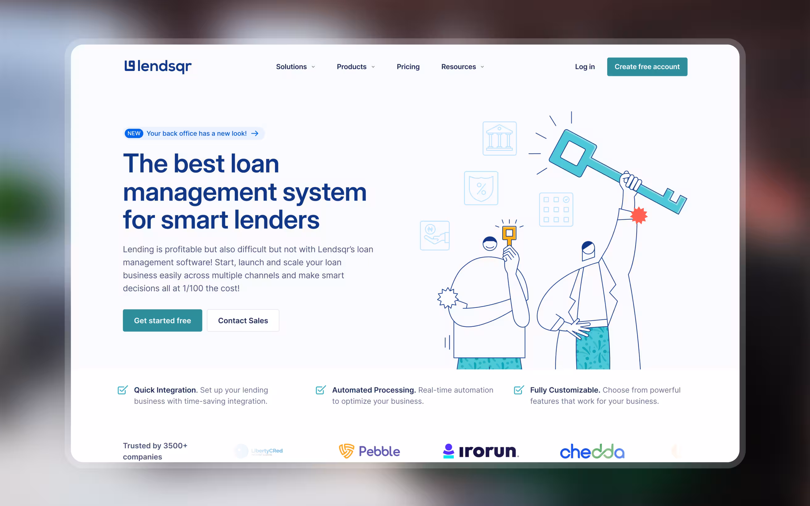 Lendsqr homepage with headline about the best loan management system, call-to-action buttons, features like quick integration and automation, and an illustration of two people holding keys.