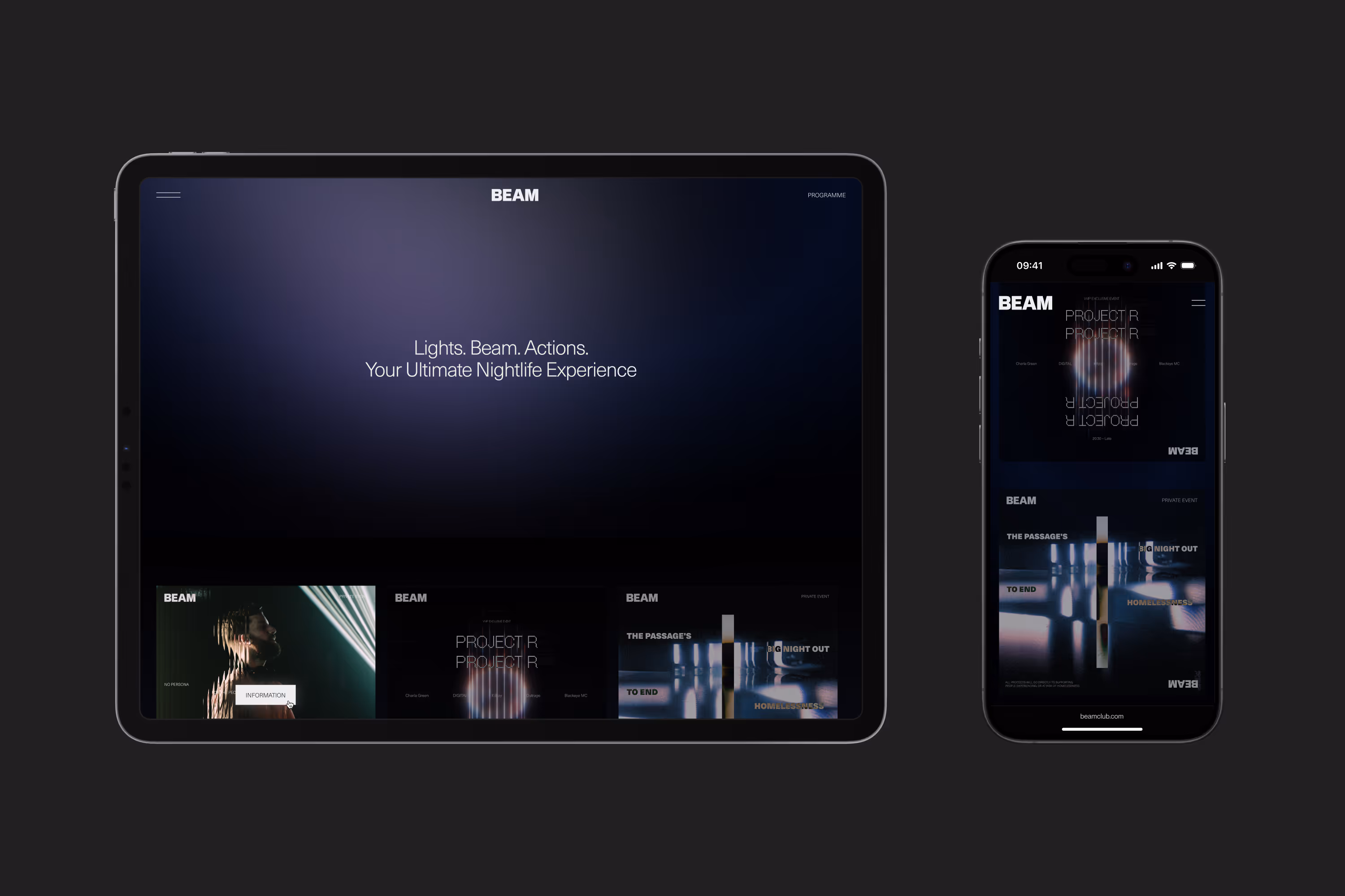 iPad and iPhone mockup showing the homepage of BEAM.