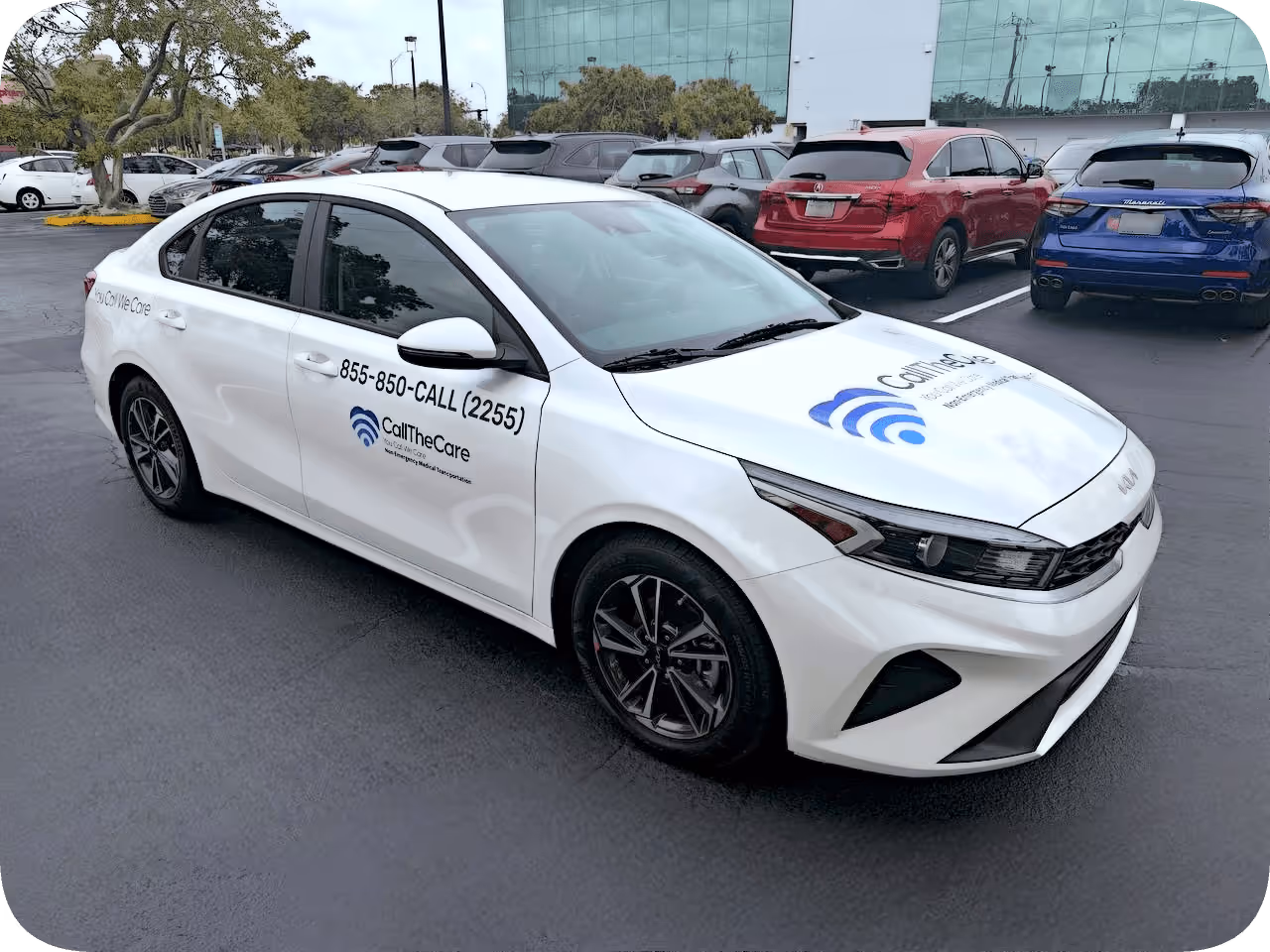 A white car representing Call The Care's ambulatory transportation services