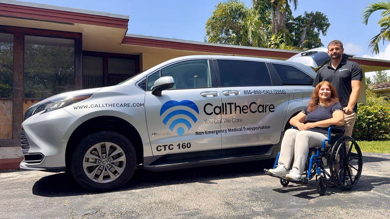 A woman in a wheelchair and a man standing in front of a Toyota Sienna CallTheCare van used for non-emergency medical transportation