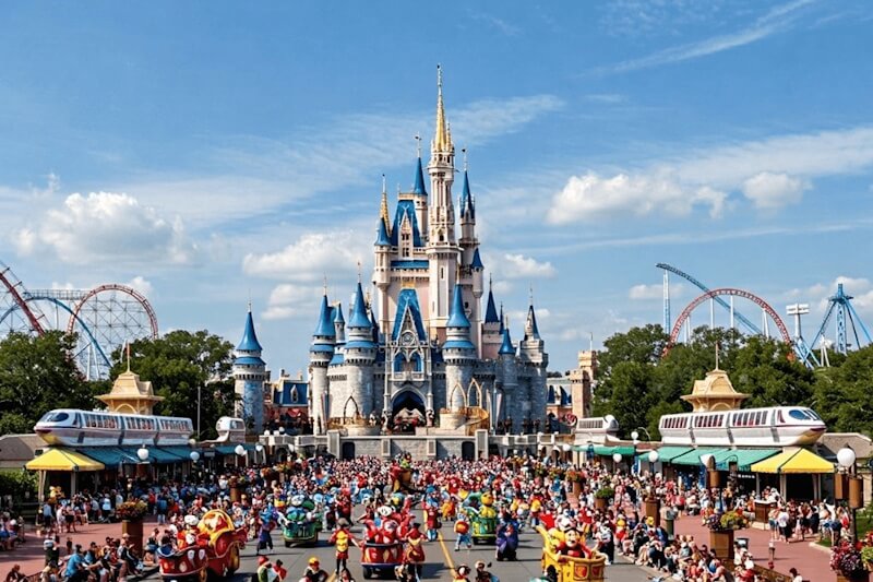 Cinderella Castle at Walt Disney World in Orlando with a large crowd of visitors.