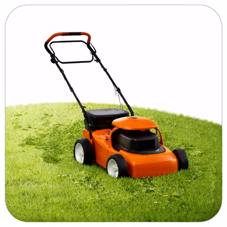 Orange lawn mower cutting green grass with a freshly mowed path behind it.