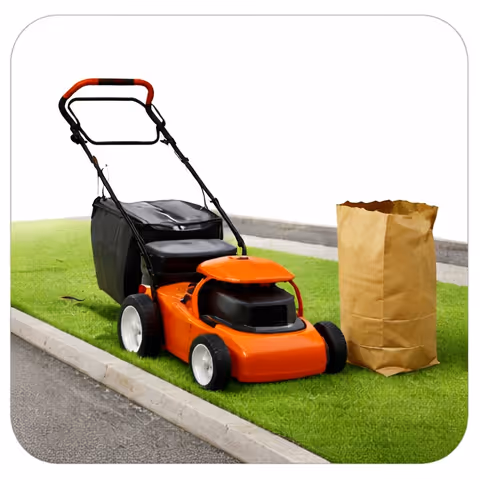Orange and black lawn mower on green grass next to a brown paper yard waste bag on pavement.
