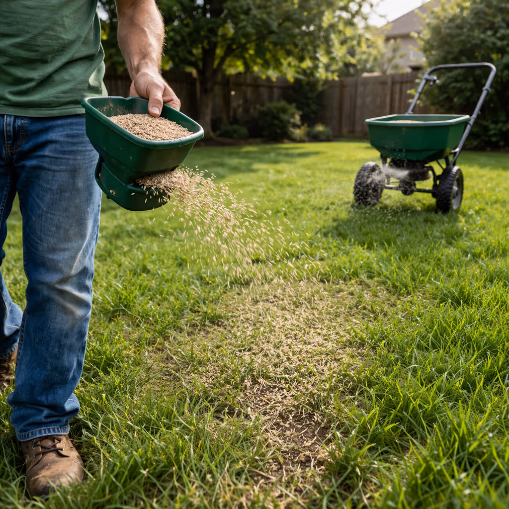 Person spreading grass seed on a sunny lawn with a green hand spreader and a wheeled spreader in the background.