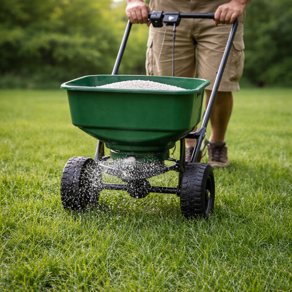Person spreading granular fertilizer on green lawn using a green push spreader.