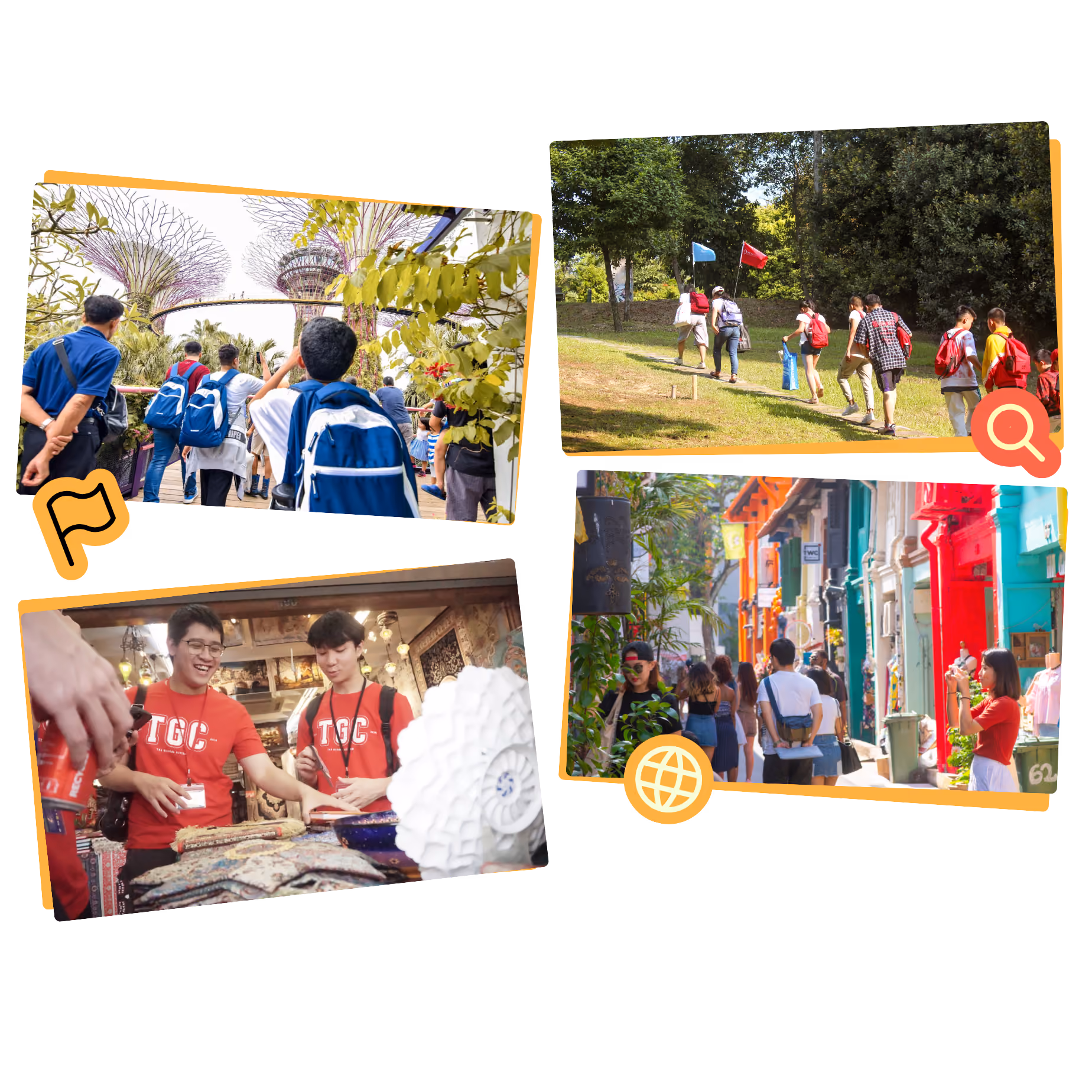 Collage of four images showing groups of students enjoying our summer camps: walking near large garden structures, hiking on a trail, shopping in a market, and exploring a colorful street.