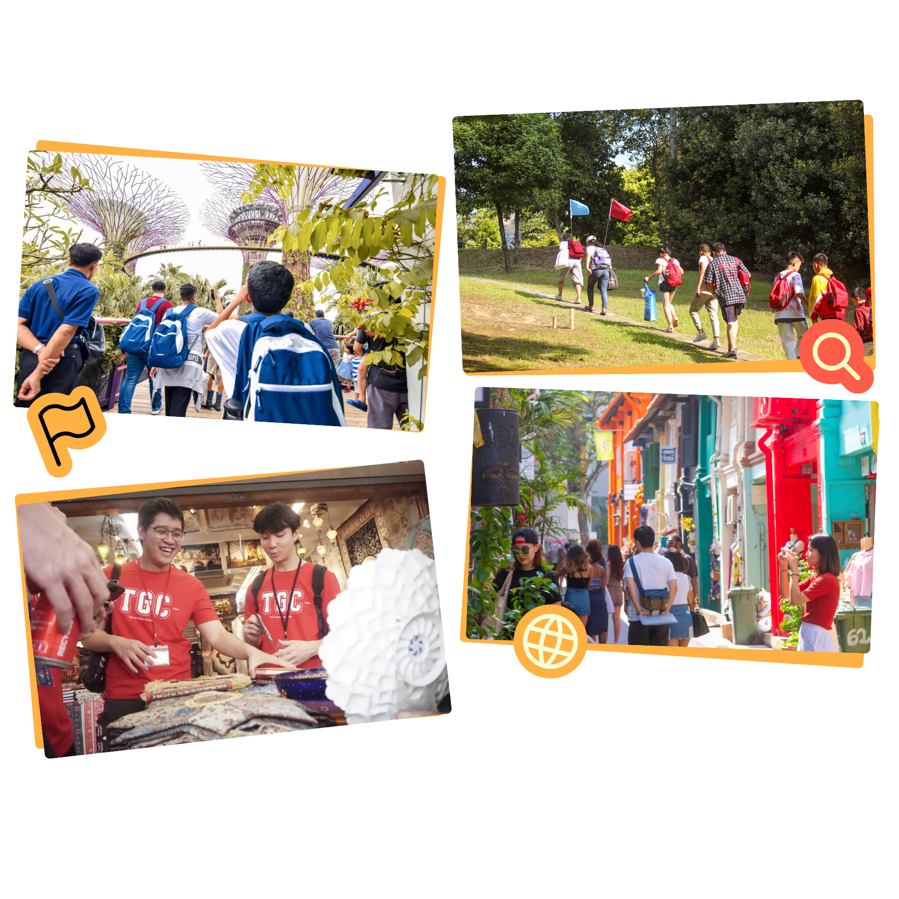 Collage of tourists including a group walking under large futuristic tree structures, people hiking along a grassy path with flags, young men looking at souvenirs in a market, and a busy colorful street with pedestrians and a woman taking photos.
