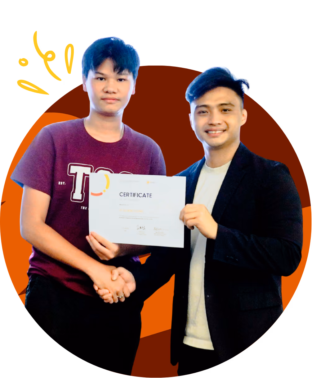 Two men shaking hands while one holds a certificate of participation.