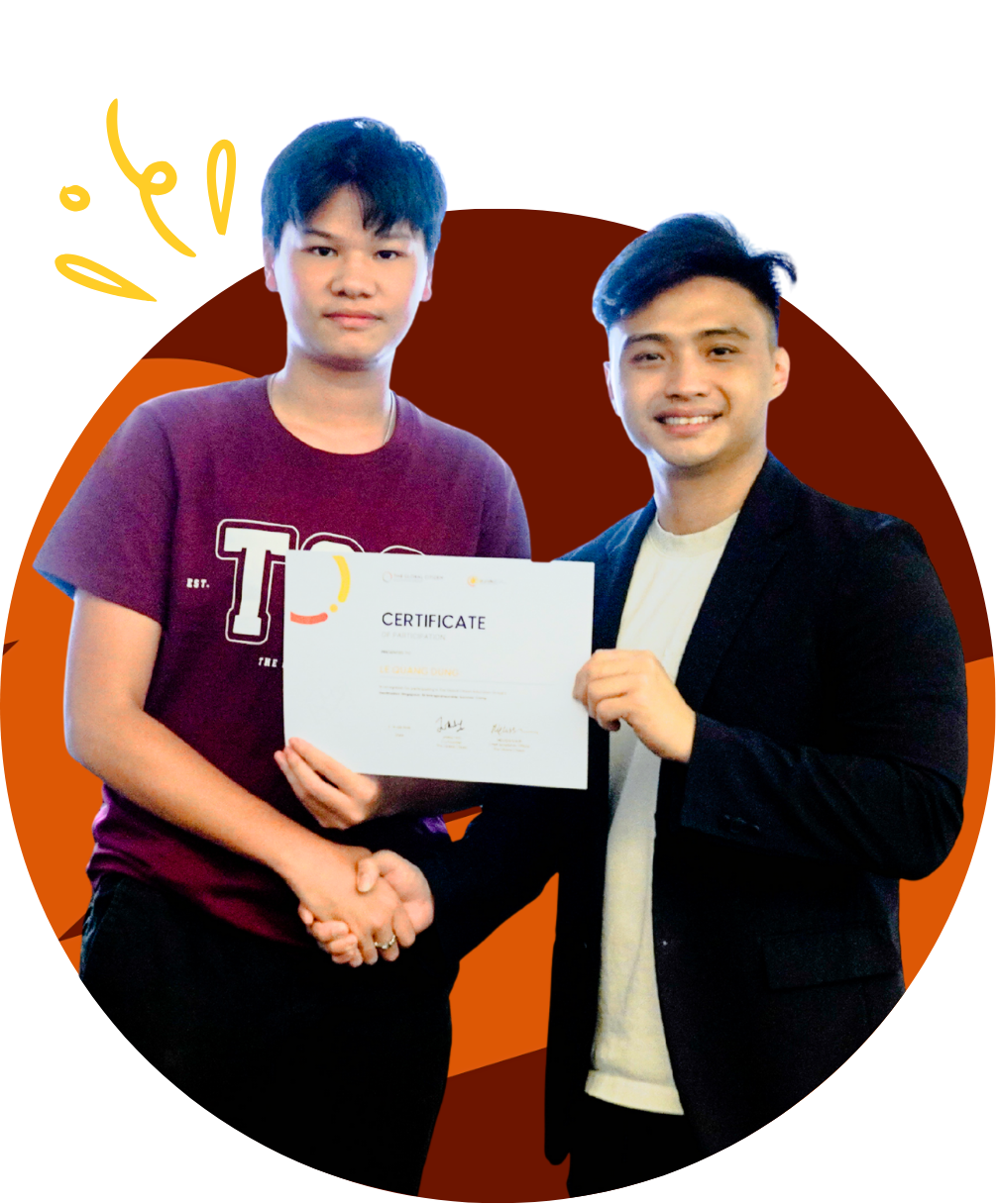 Two men shaking hands while one holds a certificate of participation.