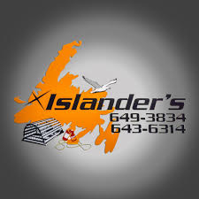 The province of Newfoundland map, all yellow. There is a x marking the Bay St George area, Stephenville. there is the image of a classical lobster trap and bouys below the x. the word Islanders and their two phone numbers are displayed 649-3834 and 643-6314. a seagull is pictured above the word Islancers, and the whole image has a gradiated grey background which go from dark to light toward the middle.