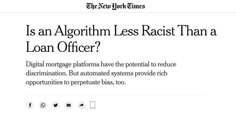 screen capture of the news with headline reading "is an algorithm less racist than a loan officer" by New York Times