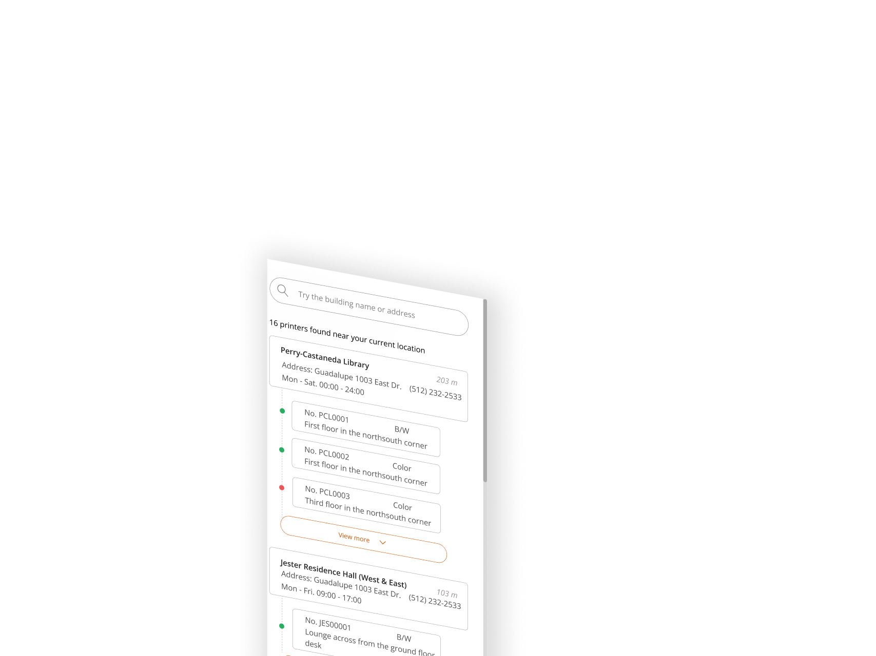 Mobile interface listing nearby printers with details including location, address, hours, and printer status icons in green and red.