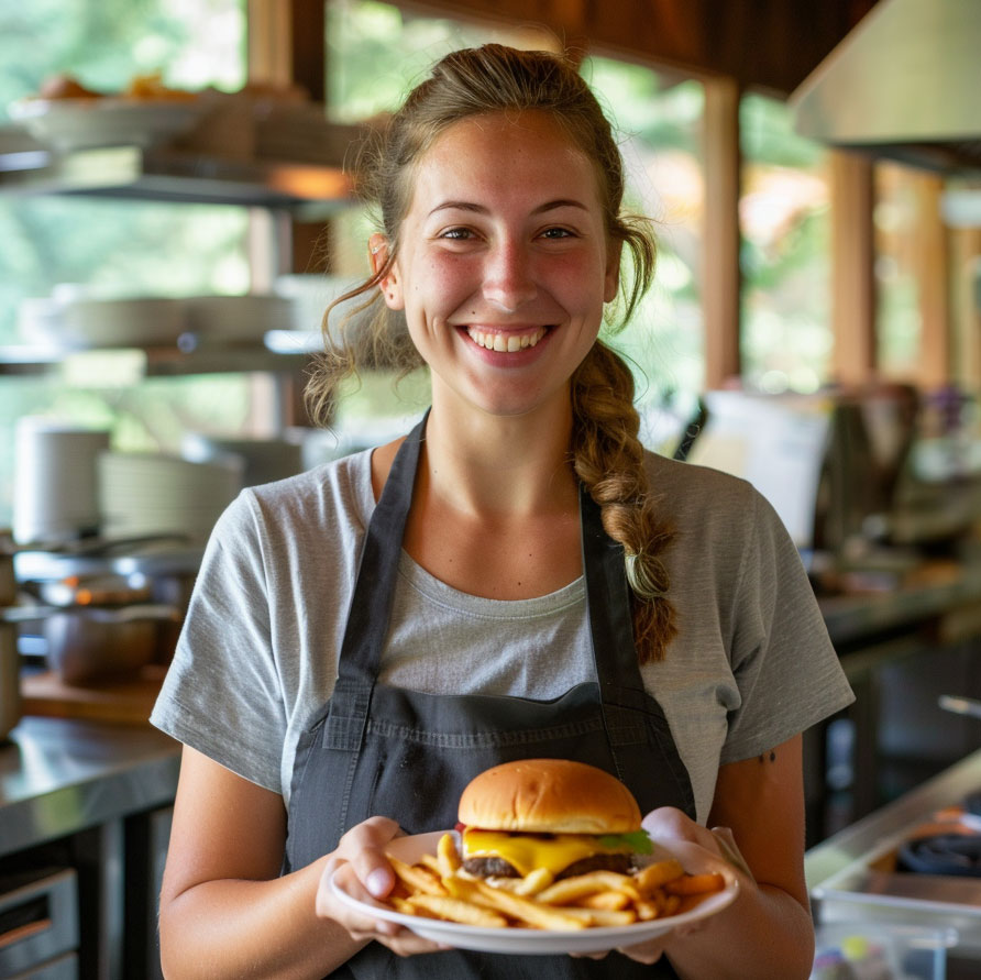 Smiling woman with braided hair wearing an apron holds a plate with a cheeseburger and fries in a kitchen.