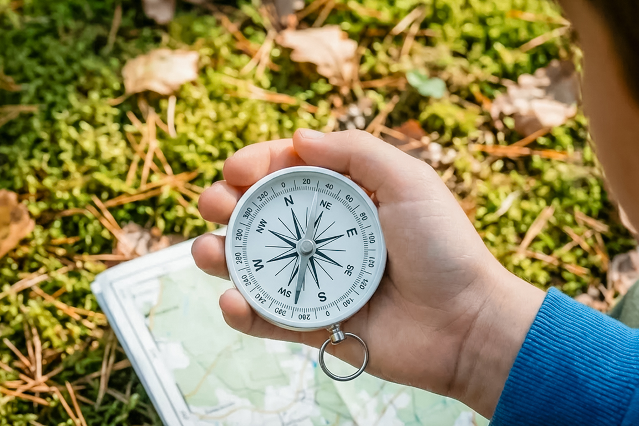 Hand holding a compass over a map outdoors with green moss and fallen leaves in the background.