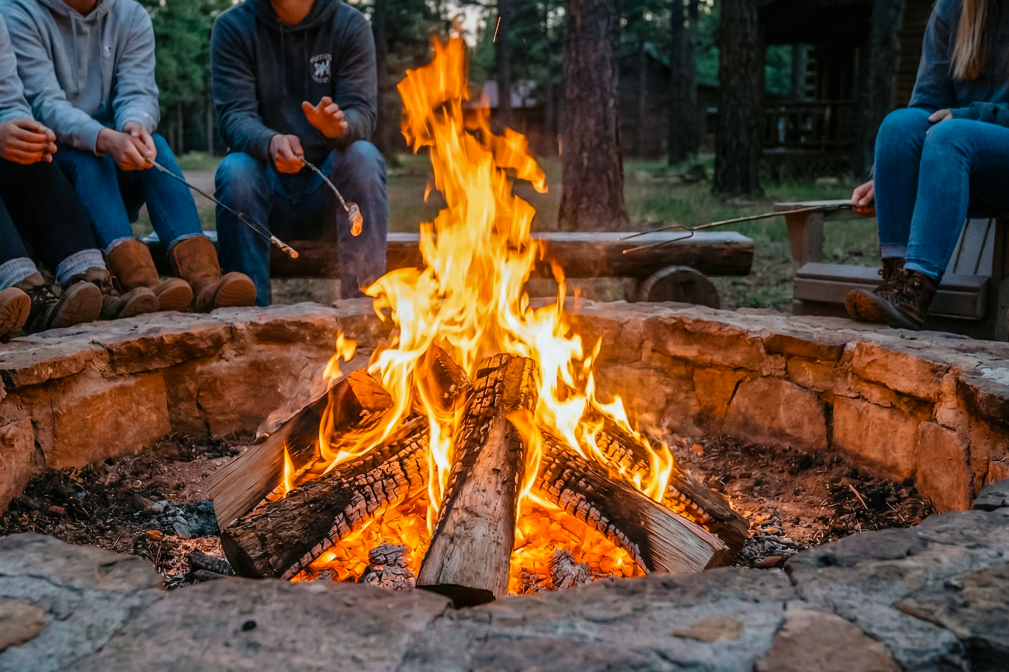 People sitting around a stone fire pit roasting marshmallows on sticks over a bright campfire.