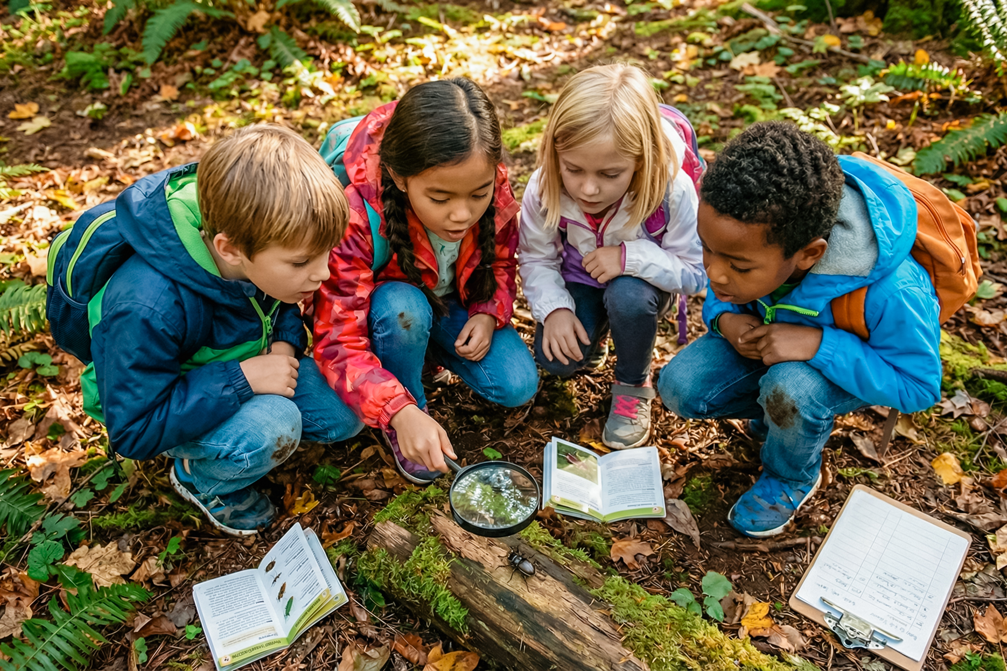 Four children outdoors closely observing a large beetle on a mossy log using a magnifying glass and reference books.