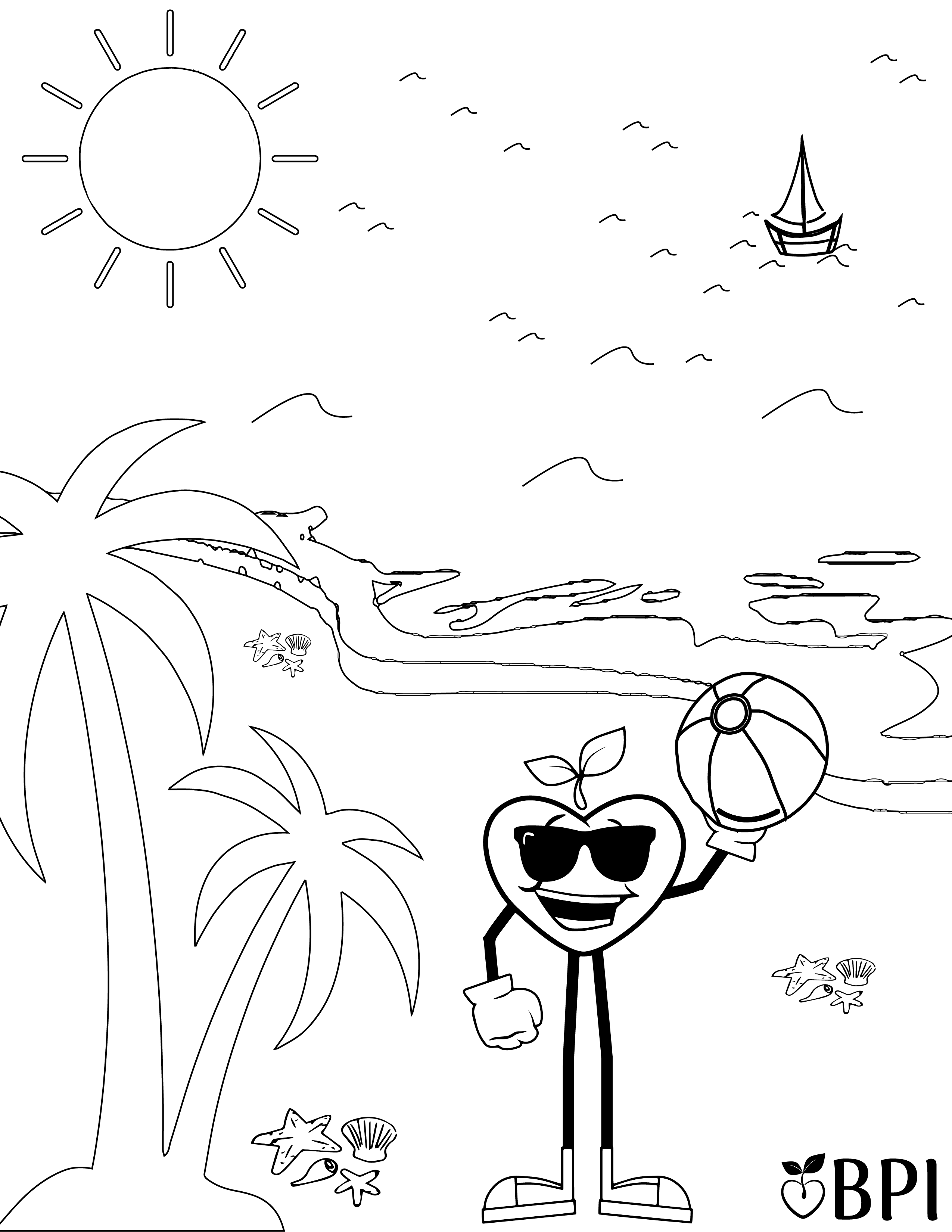 Coloring sheet of the Happy Apple holding up a beach ball while wearing sunglasses standing on the beach under a palm tree. Ocean in the background with a small sail boat. 