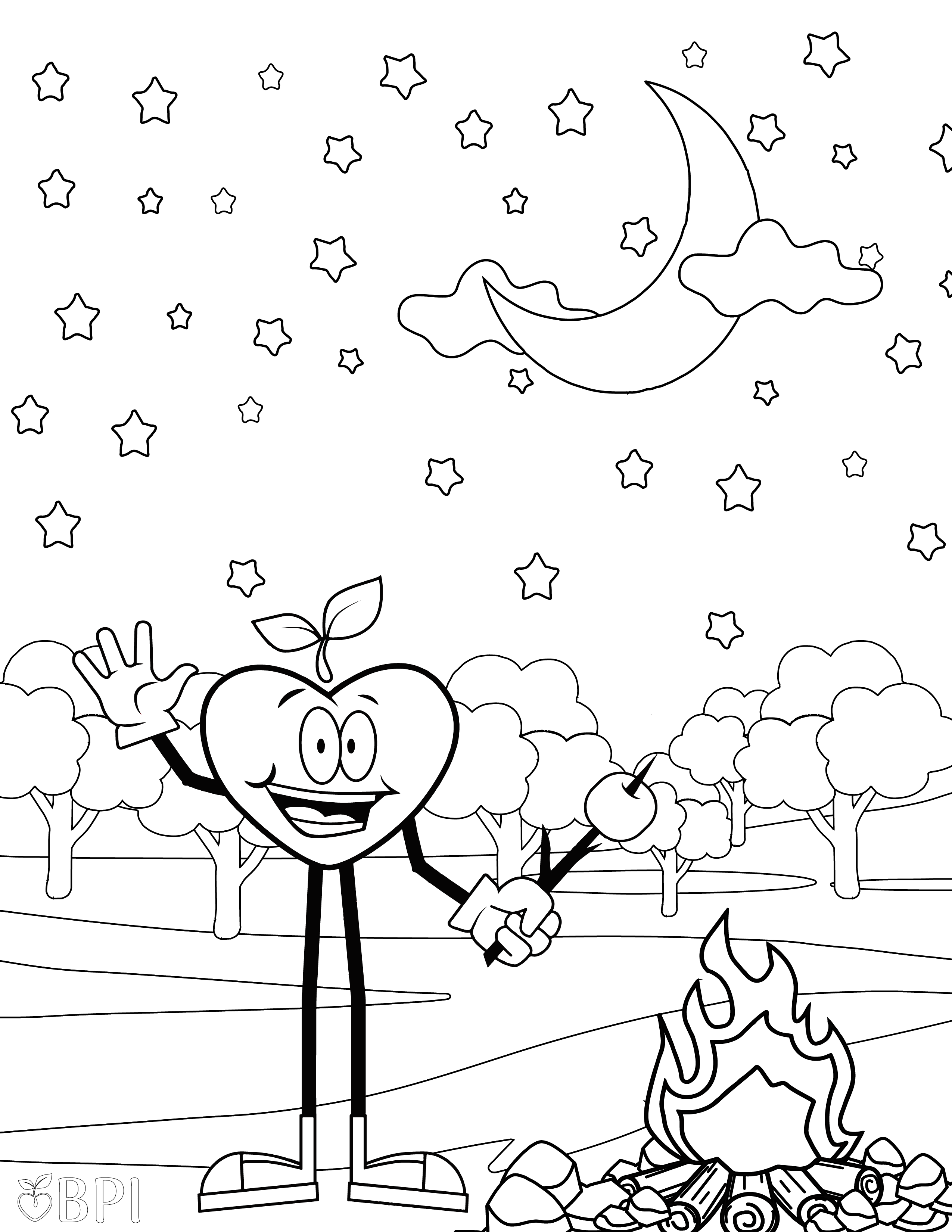 A coloring sheet of the Happy Apple roasting marshmallows over the campfire.