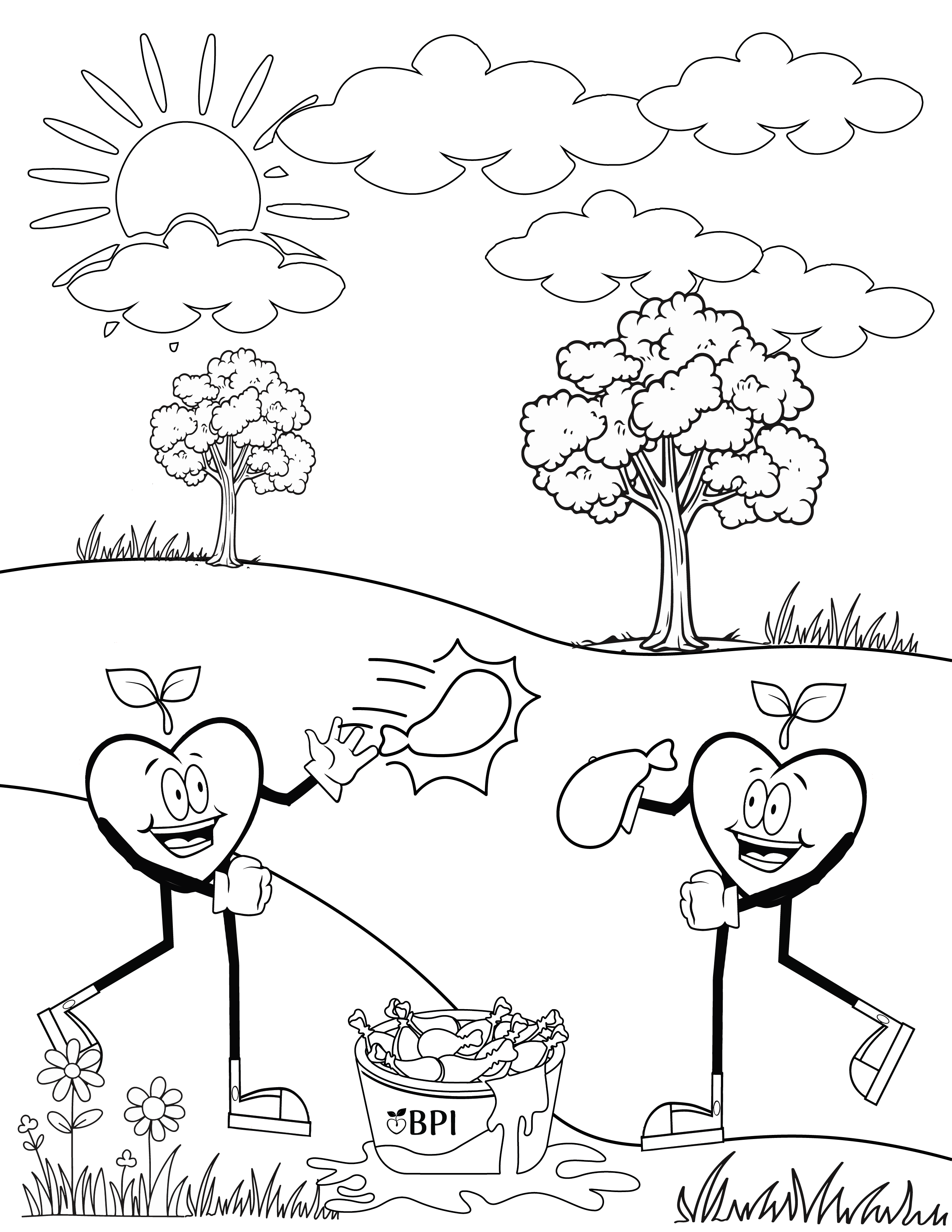 Coloring sheet of two happy apples playing with water balloons