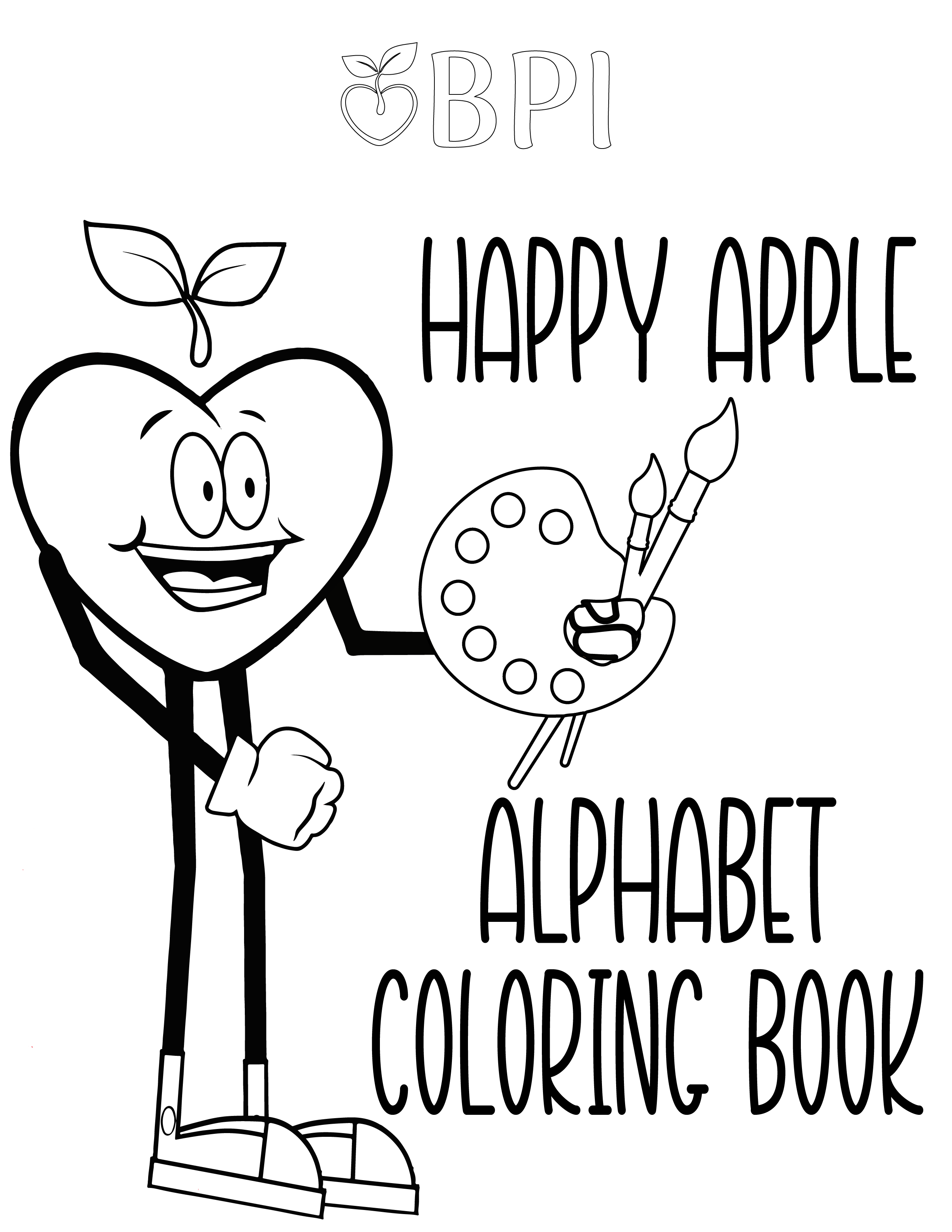 An outline of each letter of the Alphabet with the Happy Apple posing