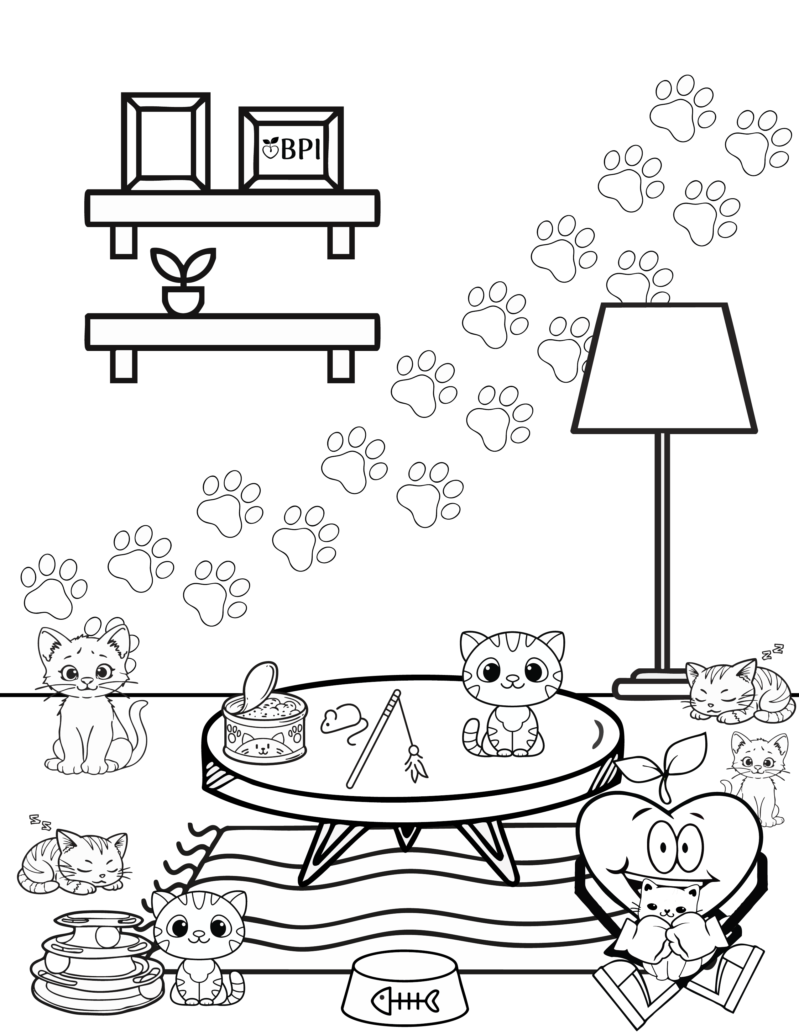 Coloring sheet of the happy apple sitting on the ground surrounded by cats.