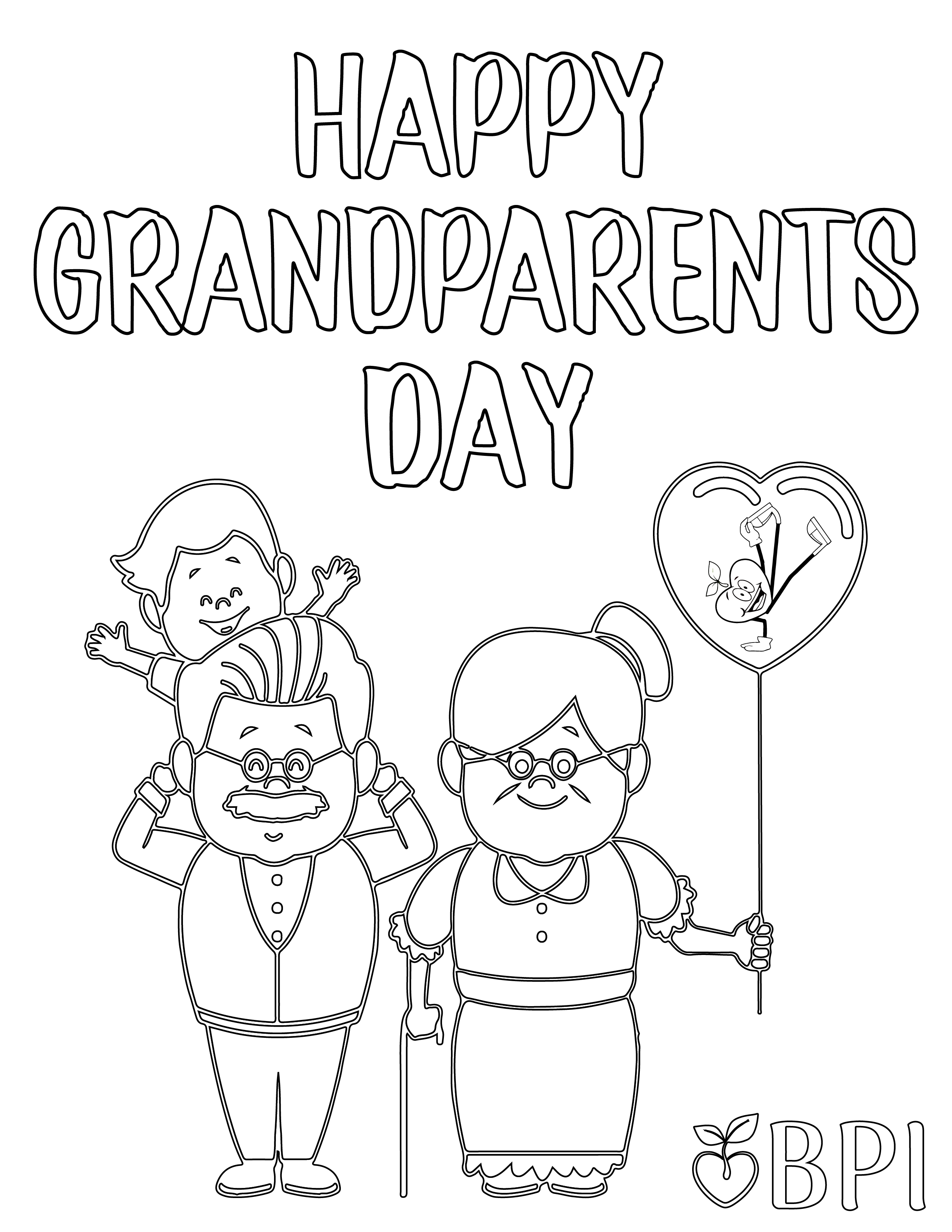 A coloring sheet of a child and his grandparents that reads "Happy Grandparents' Day"
