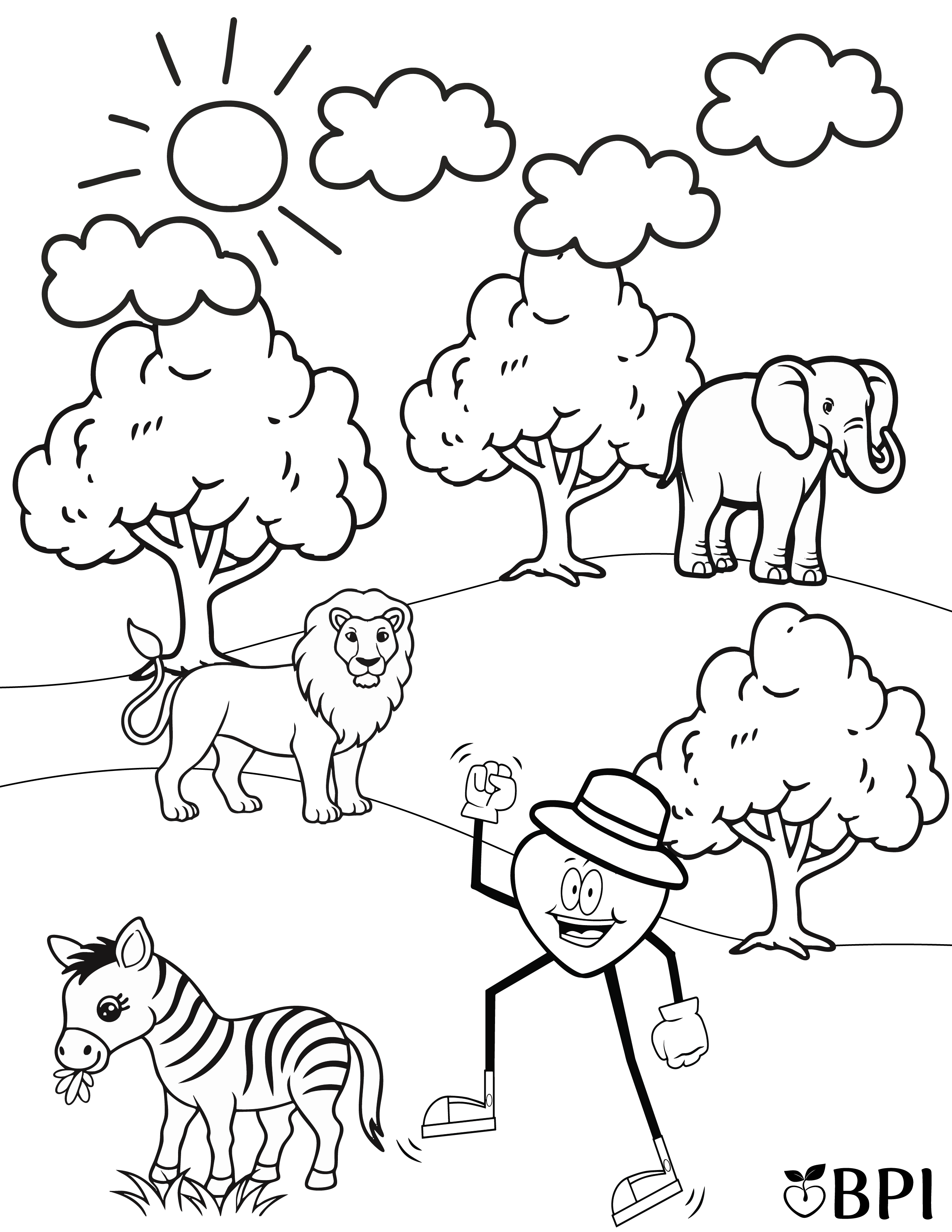 Coloring sheet of the happy apple in the wildlife with zebra, elephant and more!