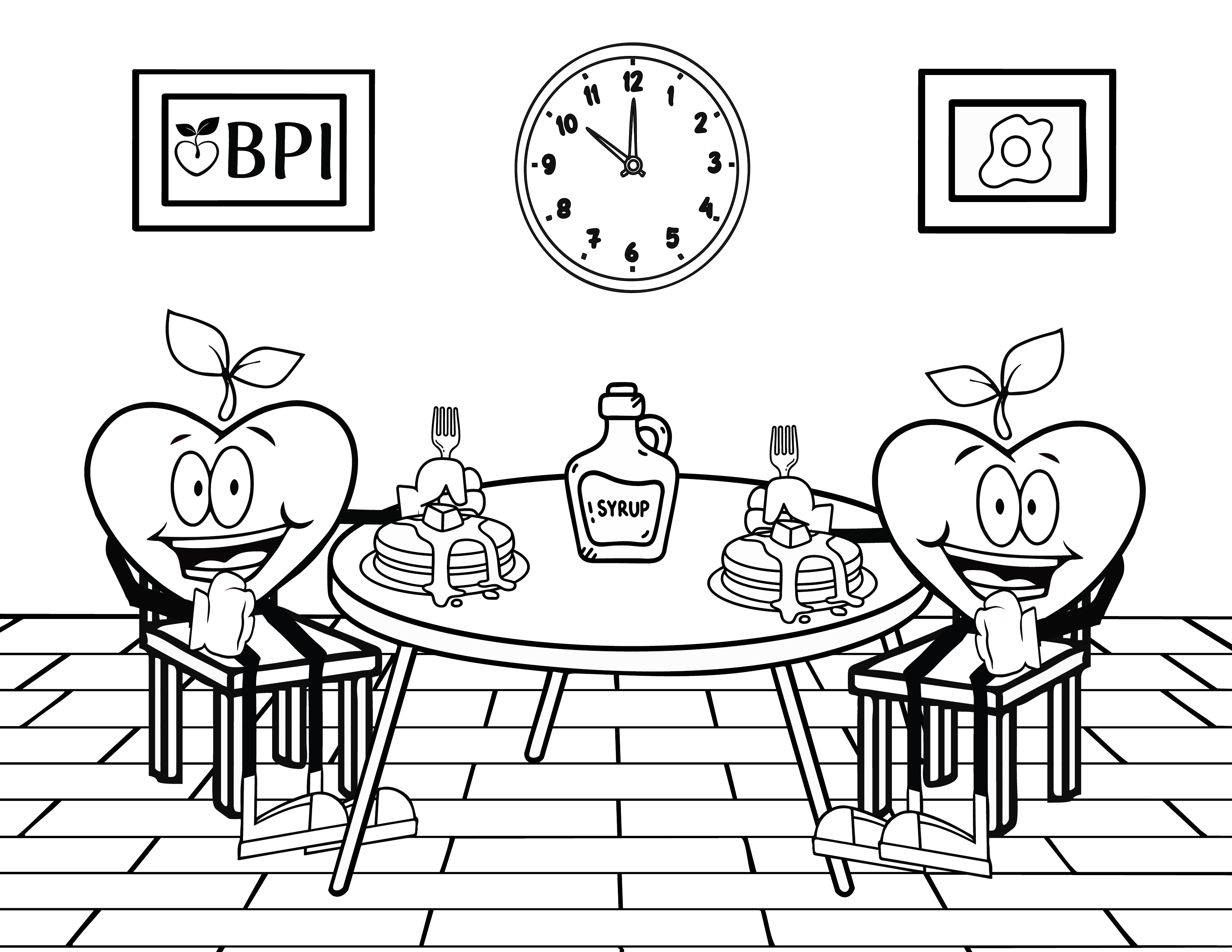 Coloring sheet of two happy apples eating pancakes.