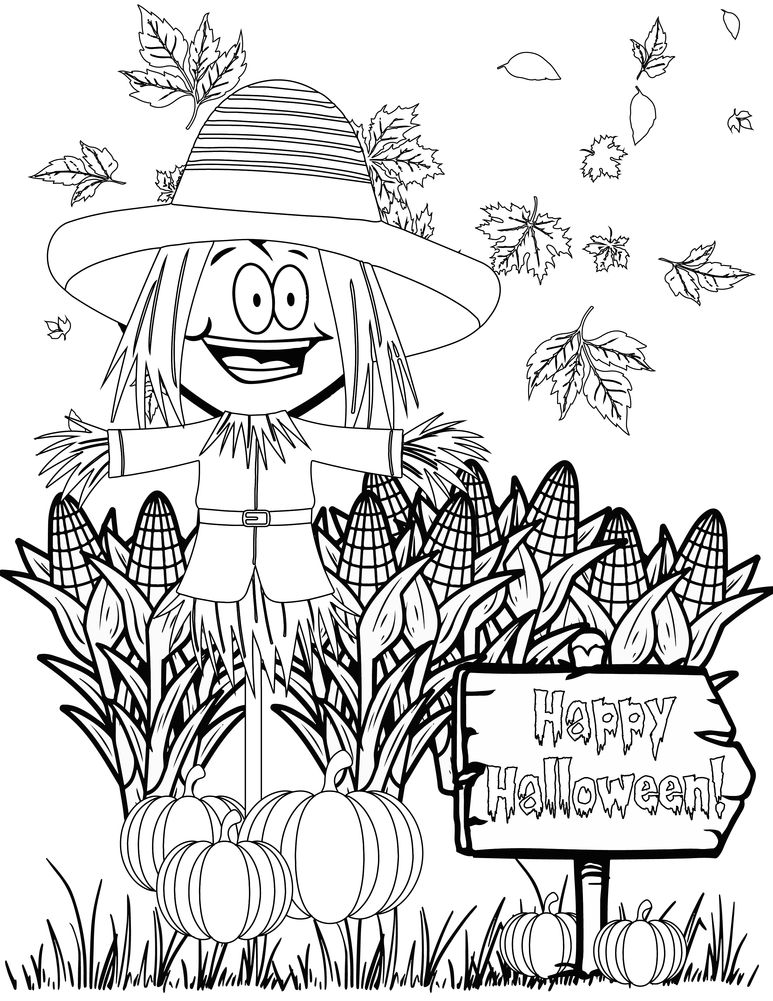Coloring sheet of the happy apple in scarecrow costume in a corn field.