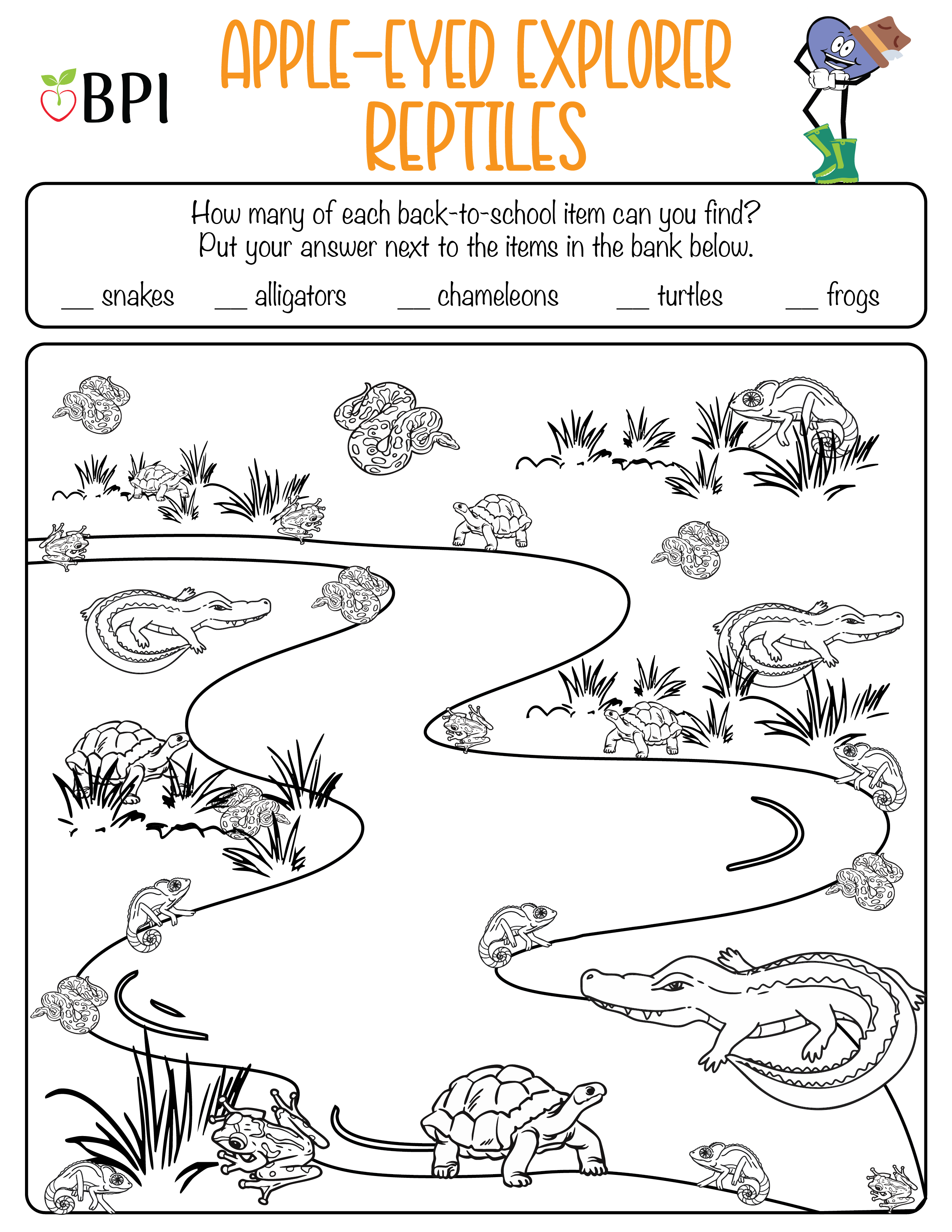 Apple-Eyed Explorer Reptiles. How many of each reptile can you find? Put your answer next to the items in the bank below. Snakes
alligators
chameleons
turtles
frogs