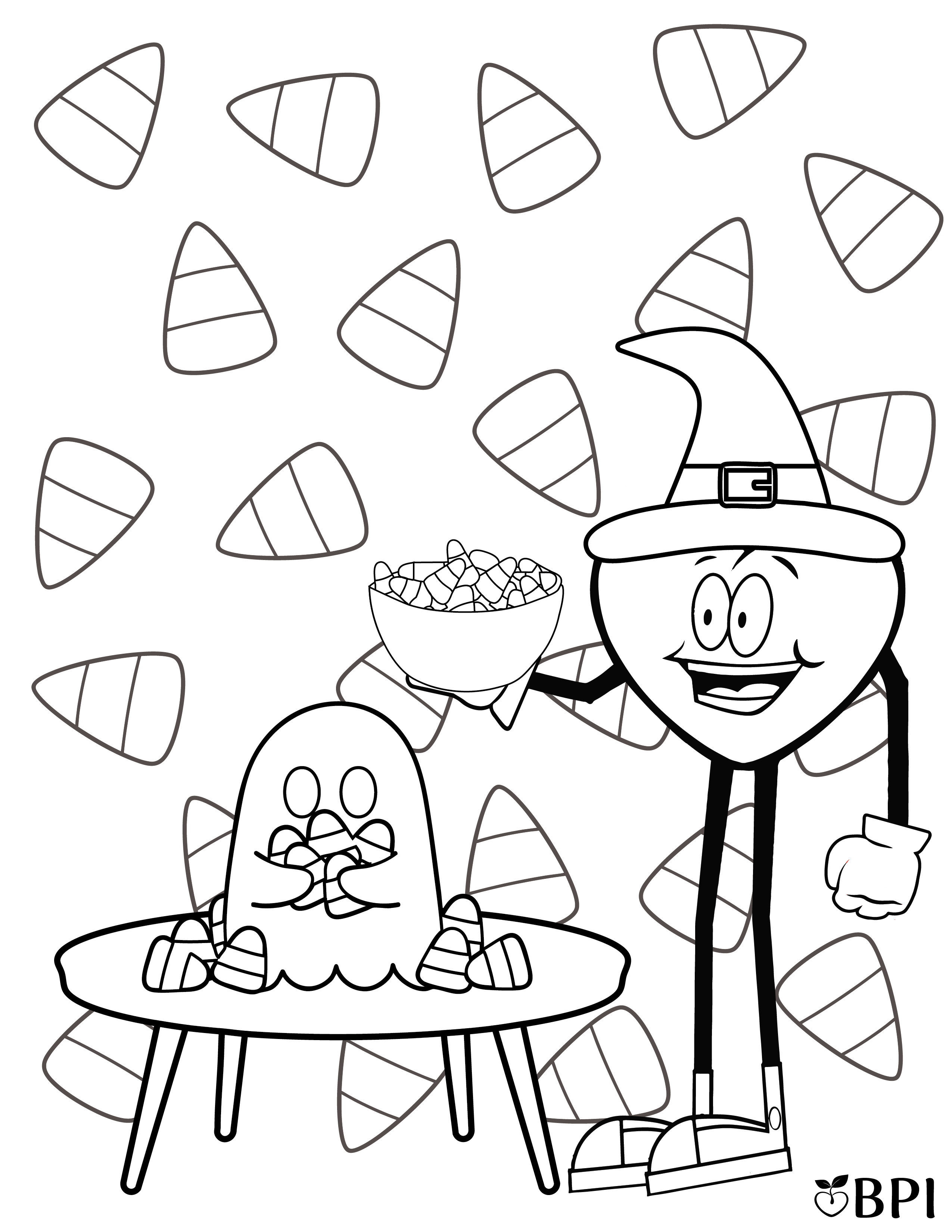 Coloring sheet of the happy apple holding a bowl of candy corn while a ghost floats over a table full of candy corn.